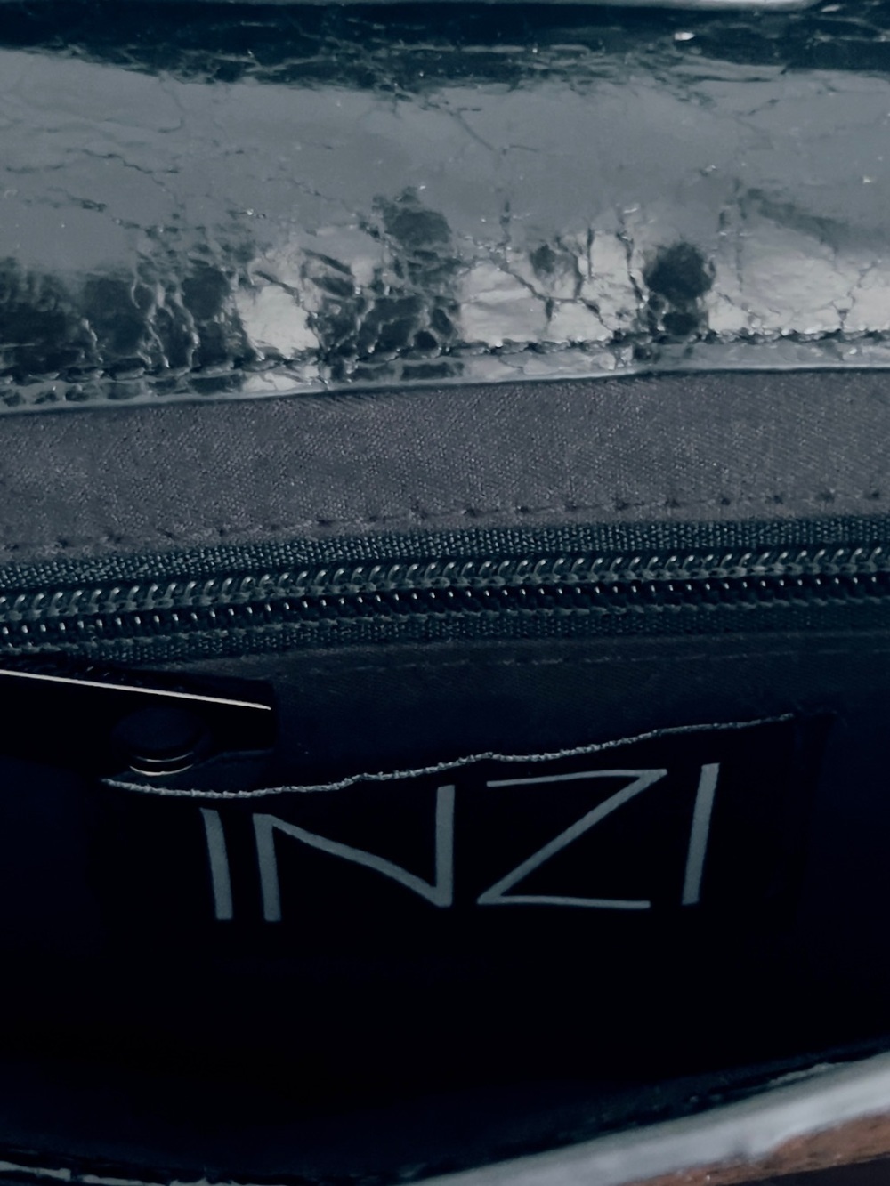 INZI Patent Leather Studded Ruffle Bow Chain Strap Crossbody Shoulder Bag Black - Picture 12 of 14